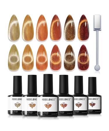 Modelones Cat Eye Gel Nail Polish Set 6 Colors Holographic Orange Brown Nude Gel Polish Glitter 9D Magnetic Gel Polish Autumn Gel Polish with Magnet Nail Art DIY Salon For Women