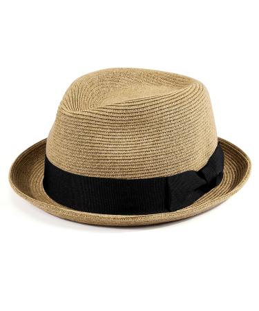 AKIO&AQUIRAX Straw Fedora Hats with Short Brim Trilby Paper Straw Sun Hats for Men Women Summer Sun Hat with Adjustable Strap Dark1 Medium