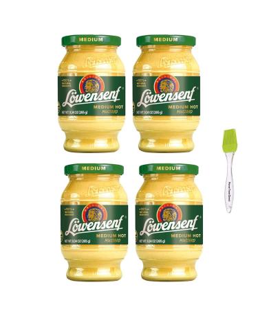 Lowensenf Medium Mustard in Jar, 9.3 Ounce (4 Pack) Bundle with PrimeTime Direct Silicone Basting Brush in a PTD Sealed Bag