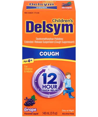 Children's Delsym 12 Hour Cough Relief Liquid- Day or Night Grape Cough Medicine With Dextromethorphan Helps Quiet Cough By Supressing Cough Reflex 5 oz. Grape 5 Ounce (Pack of 1)
