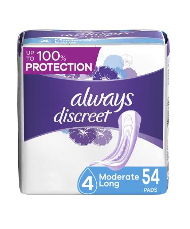 Always Discreet Moderate Long Incontinence Pads, Up to 100% Leak-Free Protection, 54 Count (Packaging May Vary)