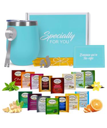 Tea Gift Sets for Tea Lovers Women and Men | Tea Gifts | Tea Gift Set | Tea Sets for Women | Tea Kit with Stainless Steel Tumbler | 15 Unique Teas | 10 Honey Straws | Gift Box Tea Set (Teal)