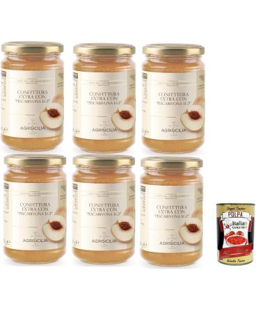 Italian Gourmet E.R. Agrisicilia Confetura Pescabivona I.G.P. Extra Jam with "Pfirsich of Bivona I.G.P" Premium Sicilian Fruits Handmade 3 x 360 g + Italian Gourmet Pulp 400 g