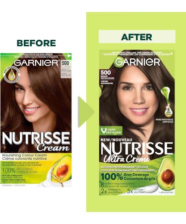 Garnier Nutrisse Ultra Cr me Permanent Hair Dye 100% Grey Coverage Vegan Formula Nourished Hair Long-Lasting Rich Colour 500 Medium Neutral Brown 1 Application Packaging May Vary BROWN SHADES 500 Medium Neutral Brown - Buy Online on GoSupps.com