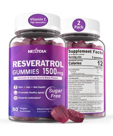 Resveratrol Supplement 1500mg - Resveratrol Gummies Supports NAD NMN & NMNH Synergy with Quercetin Grape Seed Acai Berries Extracts for Antioxidant Healthy Aging & longevity Skin Brain - 2Pcs 60 Count (Pack of 2)