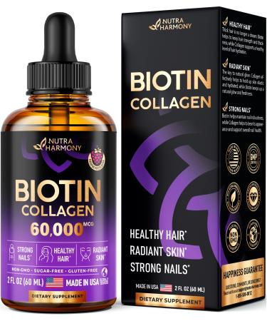 NUTRAHARMONY Liquid Biotin & Collagen - Hair Growth Vitamin Drops for Women & Men - Extra Strength 60000 mcg - B7 Supplement - Strong Nails & Healthy Skin - 98% Faster Absorption Than Pills