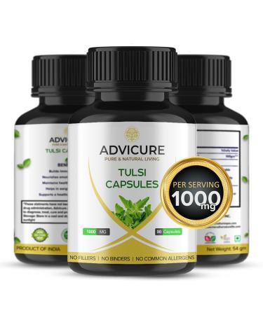 Advicure Tulsi Holy Basil Leaf Capsules 90 Pack - Organic Extract 1000mg per Serving Powder Nutritional Supplements Vegan Pure India