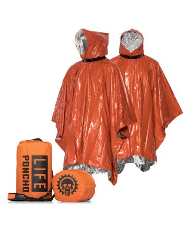 Go Time Gear Emergency Survival Life Poncho - 2 Thermal Mylar Space Blanket Rain Ponchos - Use in Camping, Hiking, Survival Gear & Bug Out Bag - Includes Survival Whistle & Paracord String (Orange)