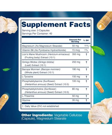 Organic Lions Mane Supplement Capsules - 120 Real Mushrooms Lion's Mane Capsules with Ginkgo Biloba Herb Bacopa Monnieri L Theanine L Tyrosine - Mushroom Complex for Daily Wellness 120 Count (Pack of 1) - Buy Online on GoSupps.com