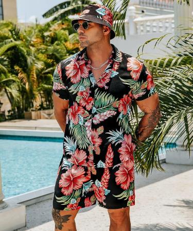 EISHOPEER Men's Hawaiian Flower Print Shirt and Shorts Set - Black & Red - Large (With Hat) - Buy Online on GoSupps.com