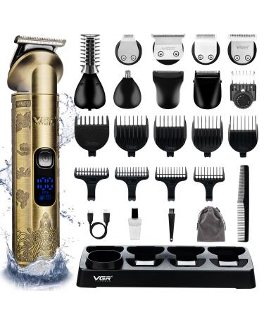 VGR Beard Trimmer for Men Rechargeable - Cordless Hair Clippers - IPX6 Waterproof - Electric Shaver Razor - Male Grooming Kit for Ear Nose Body Facial Stubble Head Haircuts - 8 in 1