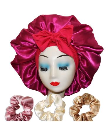 BONNET QUEEN Hair Bonnet Silk Bonnet Satin Bonnet Big Large Oversized Bonnet with Stretchy tie Band Edge Scarf wrap Night Sleeping Cap for Women Curly Hair hot Pink+Scrunchy 3 Hot Pink