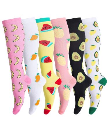Compression Socks for Men & Women (6Pair) Non-Slip Long Tube Ideal for Running Nursing Circulation & Recovery Boost Stamina Hiking Travel & Flight Socks 20-30 mmHg S-M Fruit