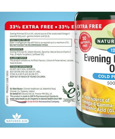 Natures Aid Evening Primrose Oil 500mg Softgels - Cold Pressed Omega-6 GLA - 120ct - UK Made - Buy Online on GoSupps.com