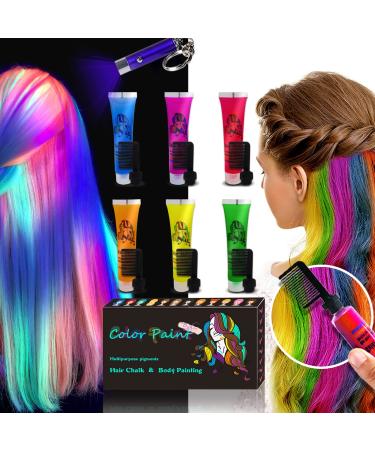 Temporary Hair Dye, Glow in the Dark Paint for Hair & Body, Super Hair Chalk for Girls, Kids Hair Dye for Party Supplies, Unique Hair Coloring Product Gifts for Kids Glow_Red_Blue_Sliver_Green_Yellow_Purple