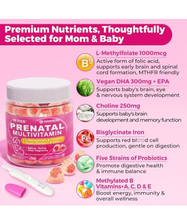 NEVISS Prenatal Vitamins for Women Multivitamin Gummies w/Methylfolate 1mg Choline Omega-3(DHA+EPA) Iron + Citicoline 1000mg CDP Choline Gummies & Phosphatidylserine 300mg - Buy Online on GoSupps.com
