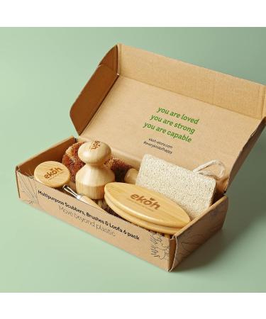 EKOH 6-Pack Bamboo Brushes & Loofah Sponges Set | Dry Brushing Body, Nail & Feet Scrubber | Bottle & Dish Brush | Natural Soft Bristles | Home Shower & Bath Essentials - Buy Online on GoSupps.com