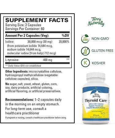 Terry Naturally Thyroid Care - 120 Capsules - Thyroid Support Supplement for Energy & Metabolism - Lustrous Hair - Non-GMO, Gluten-Free, Kosher - Buy Online on GoSupps.com