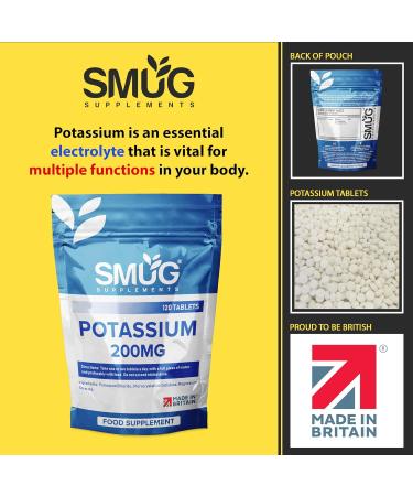 SMUG Potassium Tablets - 120 High Strength 200mg Pills - Supports Blood Pressure and Muscle Function - Vegan Friendly - Made in Britain - Buy Online on GoSupps.com
