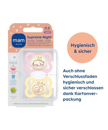 MAM SUPREME Night Pacifiers Set of 2 | Bright Baby Pacifiers for Healthy Dental Development | 0-6 Months with Skin Irritation Prevention & Box - Cat/Snail Design - Buy Online on GoSupps.com