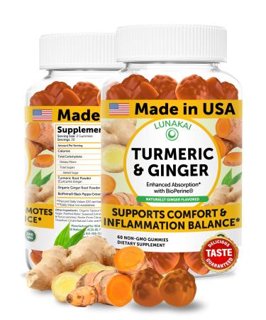 Lunakai USA Made Turmeric Gummies with Ginger & BioPerine High Absorption Turmeric and Ginger Supplement for Inflammation Joint & Immune Support 60ct