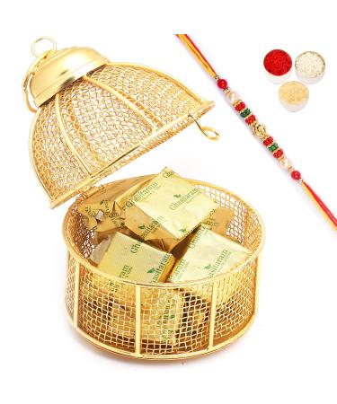 Ghasitaram Gifts Rakhi Gifts for Brothers Rakhi Sweets - Cage with MEWA Bites with Pearl Beads Rakhi Golden Cage with MEWA Bites with Rakhi