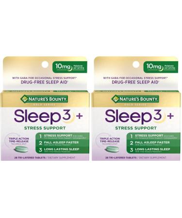 Nature's Bounty Sleep + Stress Support Sleep3 Maximum Strength 100% Drug Free Sleep Aid Dietary Supplement with Ashwagandha Time Release Technology 10mg 28 Tri-Layered Tablets (Pack of 2)