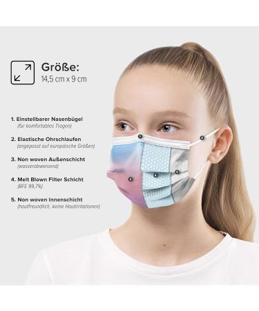 100 Pcs Disposable Face Masks Made in Germany - Type IIR & CE Certified - Small Size - Rainbow Macadamia - 99.78% Filtration - Elastic Earloops - Buy Online on GoSupps.com