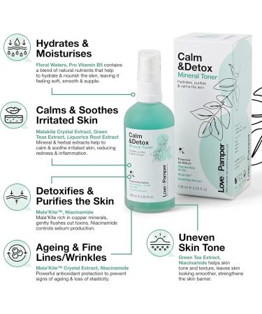 Love & Pamper CALM & DETOX Mineral Toner - Enhanced with Vitamin B3 & Green Tea Extract for Soothing Brightening & Clarifying Skin Care Restores Skin's Protective Barrier Alcohol Free All Skin Types Mineral Toner_For_Skin - Buy Online on GoSupps.com