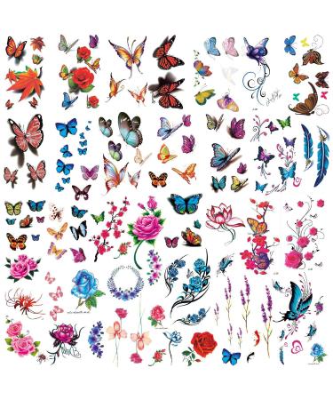 30 Sheets Watercolor Flowers Temporary Tattoos for Women Girls Butterfly Fake Tattoo Stickers Body Art Stickers Realistic Creative Removable Tattoo Stickers