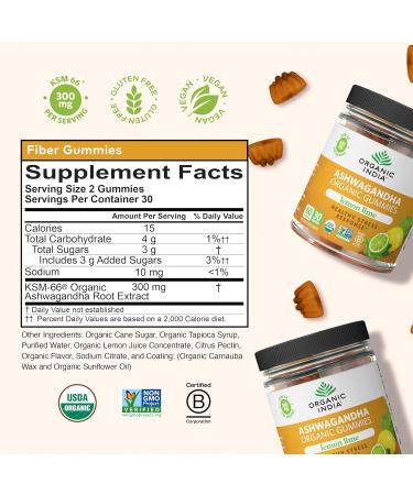 ORGANIC INDIA Ashwagandha Gummies for Men & Women - Stress Supplement KSM-66 Ashwagandha Root Extra Strength Calm Chews Vegan Non-GMO - Lemon Lime 60 Gummies - Buy Online on GoSupps.com