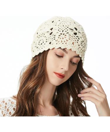ZLYC Women Cotton Crochet Slouchy Beanie Hat - Handmade Knit Cutout Summer Floral Skull Cap in Solid Beige - Buy Online on GoSupps.com