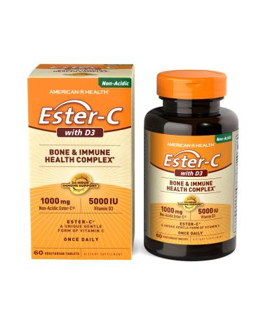 American Health EsterC with D3 Bone Immune Complex Vegetarian Tablets 24Hour Immune Support 1000 mg EsterC 5000 IU Vitamin D3 NonAcidic Vitamin C Servings, 60 Count