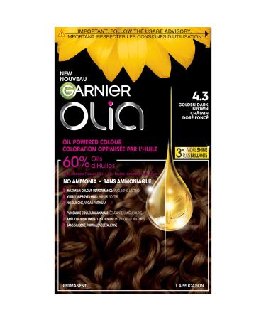 Garnier Olia Permanent Hair Dye Ammonia-Free Hair Color 4.3 Golden Dark Brown 100% Grey Coverage Long-Lasting Hair Shine With 60% Oils 1 Application BROWN SHADES 4.3 Golden Dark Brown
