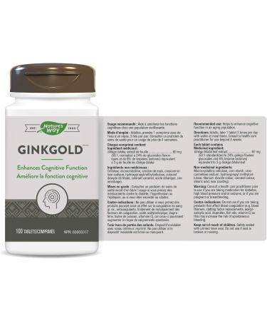 Nature's Way Ginkgold - Cognitive Function and Memory Support Supplement for Adults - Peripheral Circulation - Made with Ginkgo Biloba Standardized Extract 100 Vegetarian Tablets - Buy Online on GoSupps.com