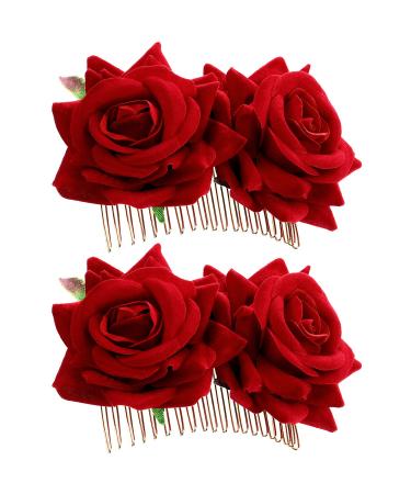 2 Pack Rose Flower Hair Clip Women Rose Flower Hair Accessories Wedding Hair Clip Flamenco Dancer (Red)