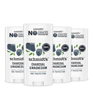 Schmidt's Aluminum-Free Vegan Deodorant Charcoal & Magnesium with 24 Hour Odor Protection 4 Count for Women and Men Natural Ingredients Cruelty-Free 2.65 oz