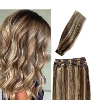 Remy Clip in Hair Extensions Blonde with Brown Balayage Clip ins Extensions Human Hair Silky Straight 15 Inch Short Clip on Extension Blonde Highlights on Brown Hair 70Gram(#4/613) 15 Inch #04P613 Brown Hair Mixed Blonde H