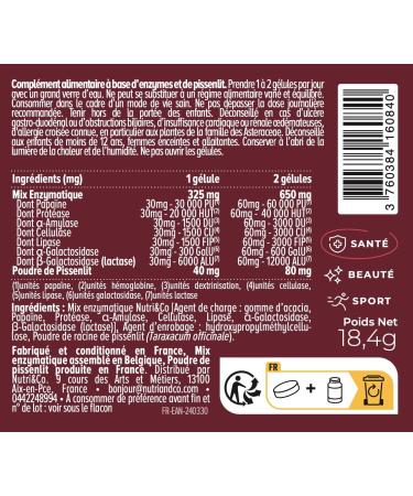 NUTRI & CO Plant Digestive Enzymes with 12000 IU Lactase - Digestive Comfort Bloating & Milk Intolerance - Complete & Unique Formula - 40 Vegan Capsules - Made in France - Buy Online on GoSupps.com