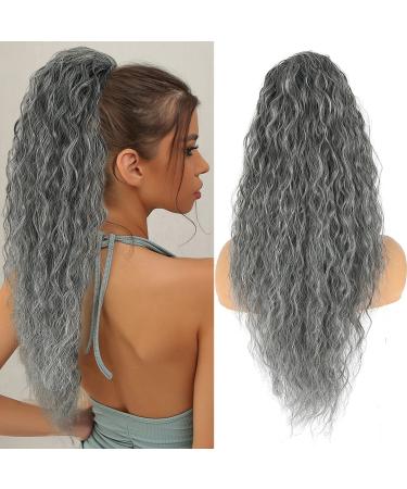 Jolelyne Gray Wavy Drawstring Ponytail Extension for Black Women Synthetic Long Curly Wavy Ponytail Hair Extensions Clip In Grey Ponytail Extensions 28inch