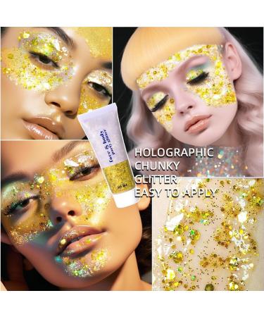  Beliky Girl Holographic Glitter Gel Body Face Liquid Eyeshadow Glitter Eye Shadow Large Mermaid Glitter for Face Hair and Nails (Gold 50ml) - Buy Online on GoSupps.com