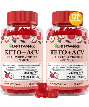 Apple Cider Vinegar Gummies Max Strength 2000mg ACV Gummies with Probiotics B12 and Keto Support For Digestion Metabolism Detox Gut & Immune Health Gelatin-Free Vegan & Non-GMO 120 Gummies 60 Count (Pack of 2)