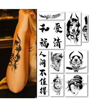 INKARTLINK Temporary Tattoos  9pcs Semi-Permanent Tattoos  Waterproof Lasting 1-2 Weeks Tattoo design contains Chinese characters  Hannya  Newschool style tattoo stickers