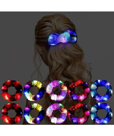 10 Pieces LED Light Hair Scrunchies Shiny Holographic Satin Elastic Bands Ties Ropes Soft Cute Scrunchy Hair Accessories for Women Girls Halloween Christmas Glow in The Dark Party Supplies