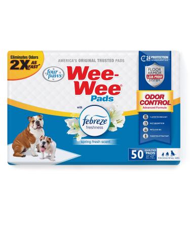 Four Paws Wee-Wee Pee Pads for Dogs and Puppies l Febreze & Odor Control l Advanced Formula l Floor Armor Leak Proof System 50 Count Febreze Freshness