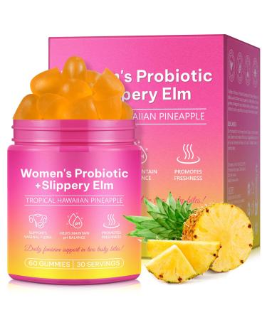 Feminine Probiotics Gummies for Women 60 Count Vaginal Probiotics Gummies with Slippery Elm Vegan for Women PH Balance Gut Health & Immune System Prebiotics & Lactobacillus Blend Pineapple Flavor
