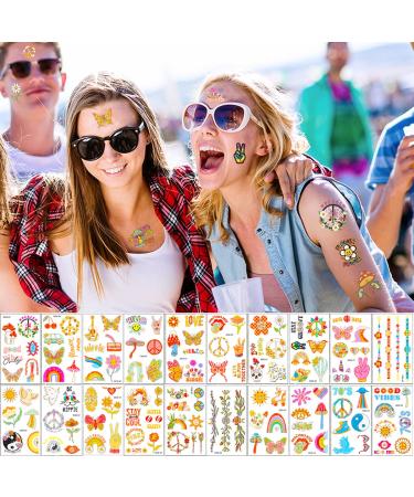 125 Pcs Groovy 70 s Temporary Tattoos Flower Glitter Fake Tattoo Stickers Cartoon Waterproof Body Sticker for 70 s Retro Sparkle Hippie Theme Decorations Favor Party Supplies (20 Sheets)