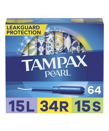 Tampax Pearl Tampons Trio Pack with LeakGuard Braid Light/Regular/Super Absorbency Unscented 64 Count 64 Count Light/Regular/Super