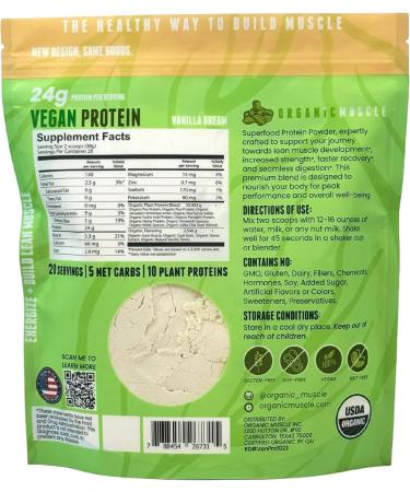 Organic Muscle Vegan Protein Powder - Plant-Based Vanilla Pea Hemp Brown Rice Chia Seed & Amino Acids | Low-Calorie for Muscle Growth & Recovery - Shop Now - Buy Online on GoSupps.com