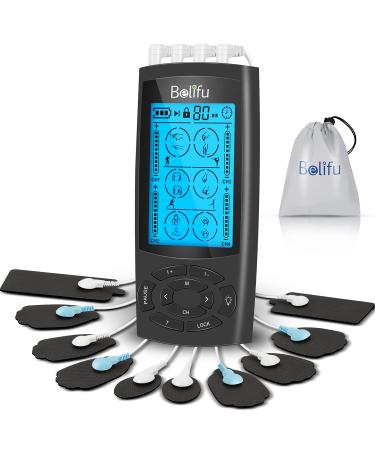 Belifu 4 Independent Channel TENS EMS Unit, TENS Unit Muscle Stimulator for Pain Relief, 24 Modes 20 Level Intensity, Rechargeable Electric Pulse Massager with Large Screen, 10 Pads, Storage Bag